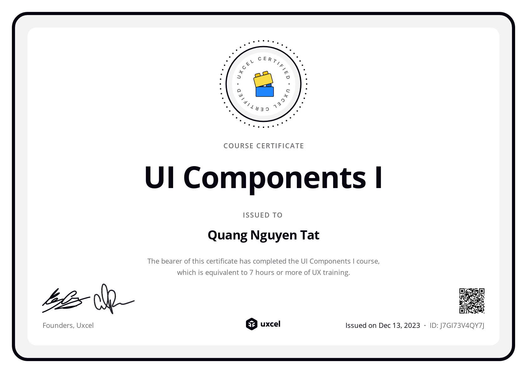 Quang Nguyen Tat's certificate